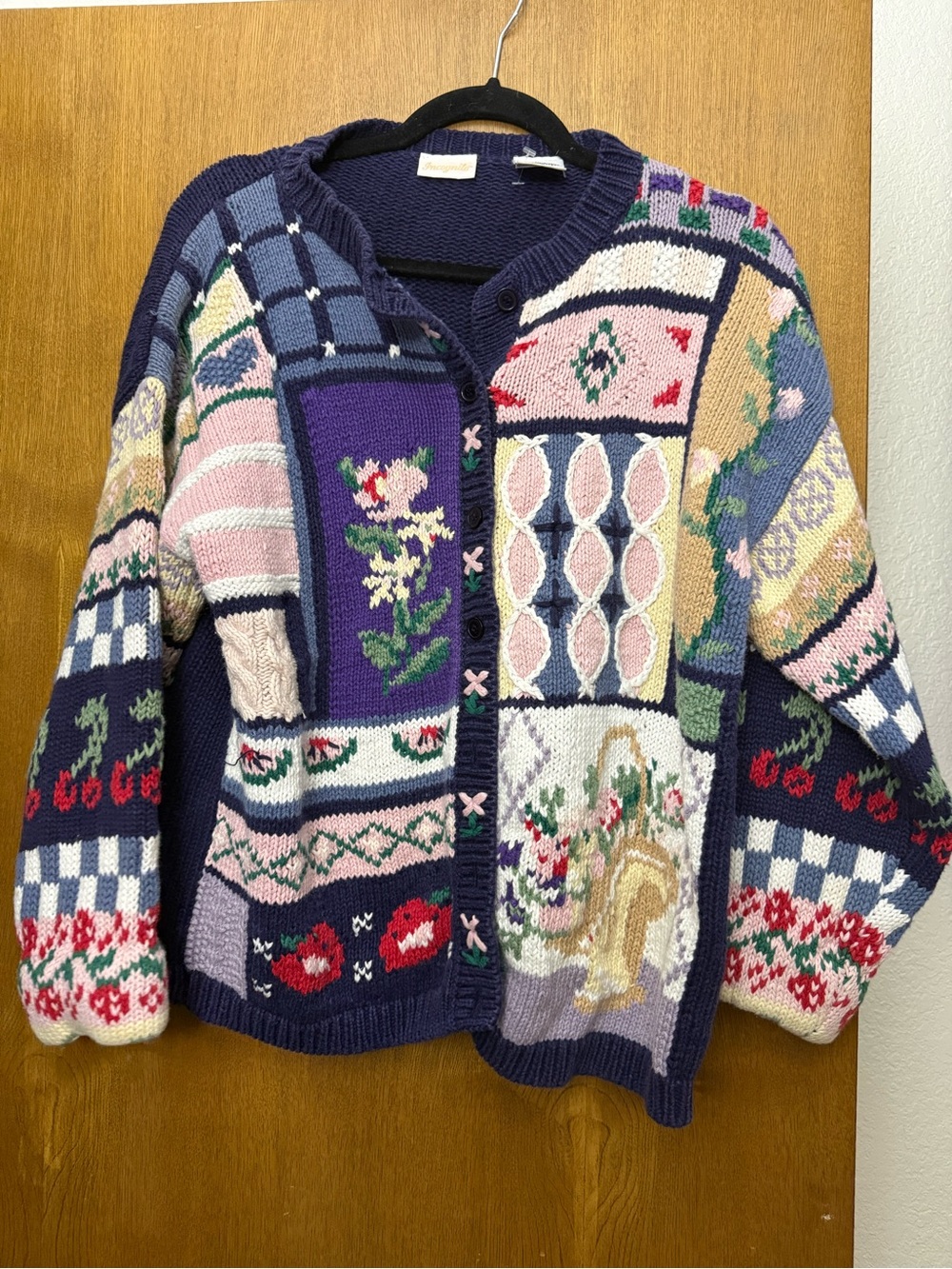 Vintage Incognito Patchwork Floral Intarsia Knit Cardigan Oversized Cottagecore